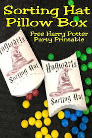 Let the Sorting Hat decide which Hogwarts House you are from with this printable Hogwarts Sorting Hat pillow box.  Simply fill this box with colored candy and let your guests choose which House they are from at your next Harry Potter party.