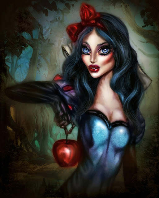 painting of snow white in a forest with a red apple on her hand by tiago azevedo a lowbrow pop surrealism artist