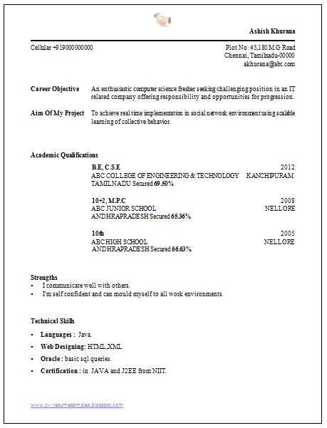 Professional Resume Format for Fresher Engineer