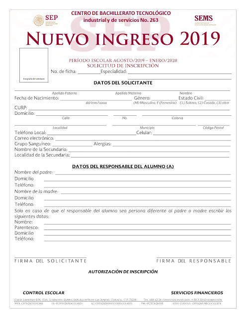 Formato de solicitud de inscripción Nuevo Ingreso 2019 CBTis 263