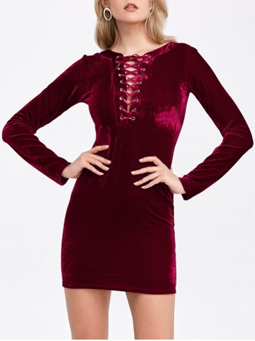  Velvet Lace-Up Long Sleeve Short Bodycon Dress - Deep Red