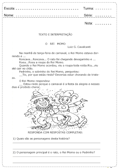 Atividades Interpretação de texto sobre o carnaval