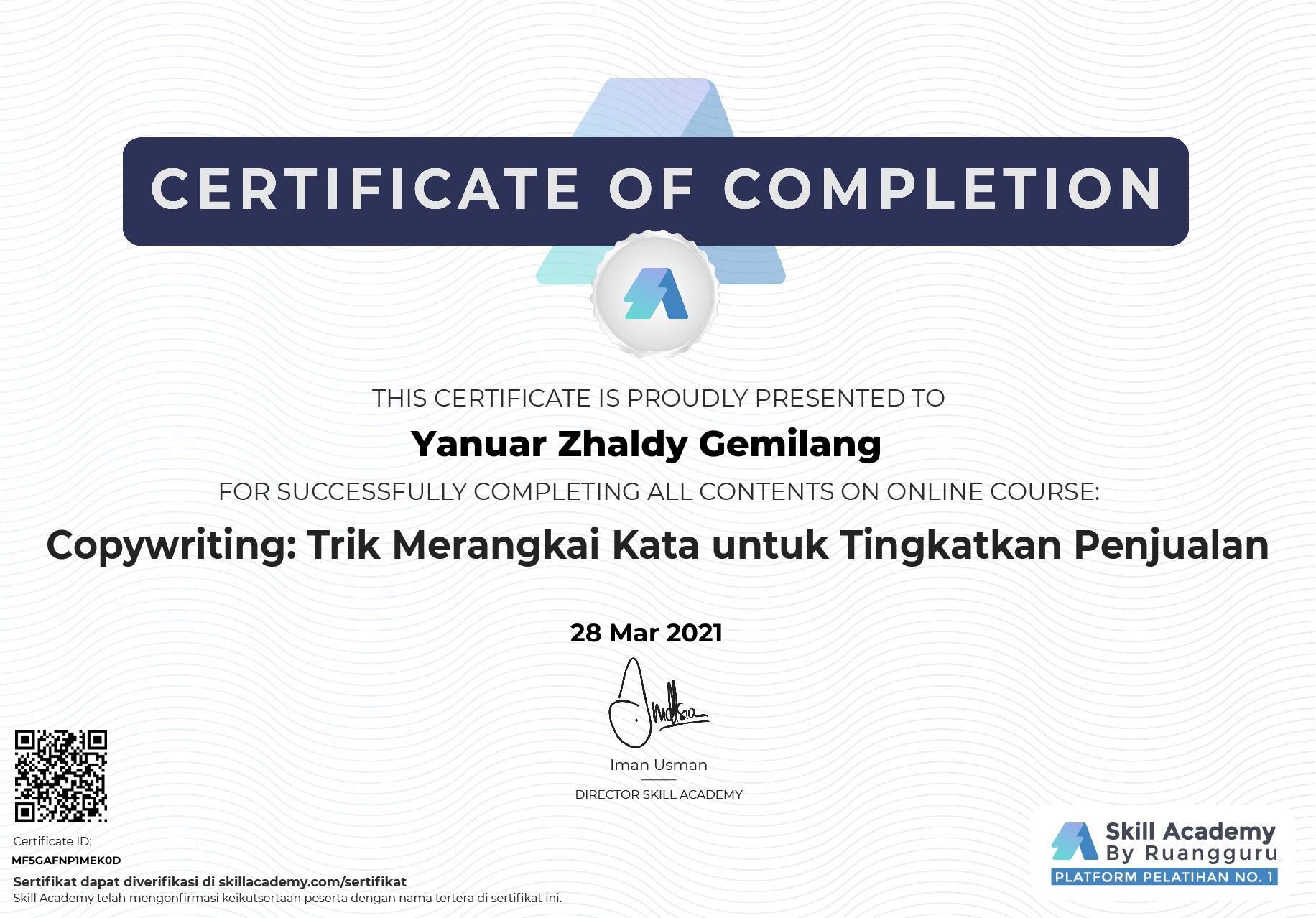 Copy Writing Skill Academy Certificate