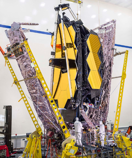 Inside a clean room at the Northrop Grumman facility in Redondo Beach, California, NASA's James Webb Space Telescope undergoes a series of tests after full assembly is completed on the observatory.