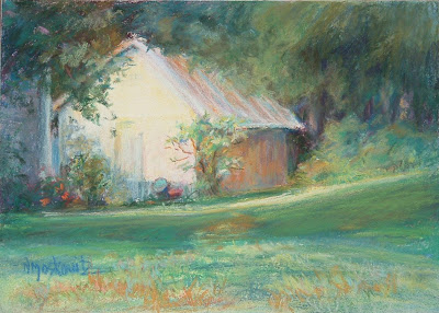 pastel painting of a white building surrounded in springtime green from Cedar Key, FL copyright Nancy Moskovitz