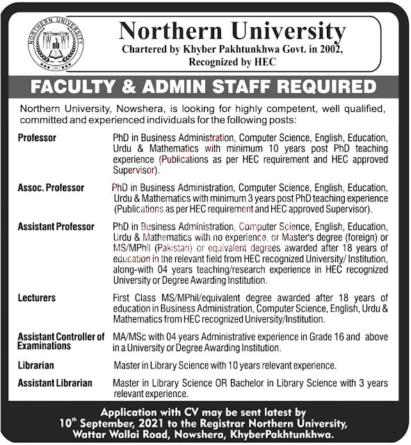 Northern University Nowshera  Today Latest Jobs 2021 | Faculty & Admin Staff Jobs