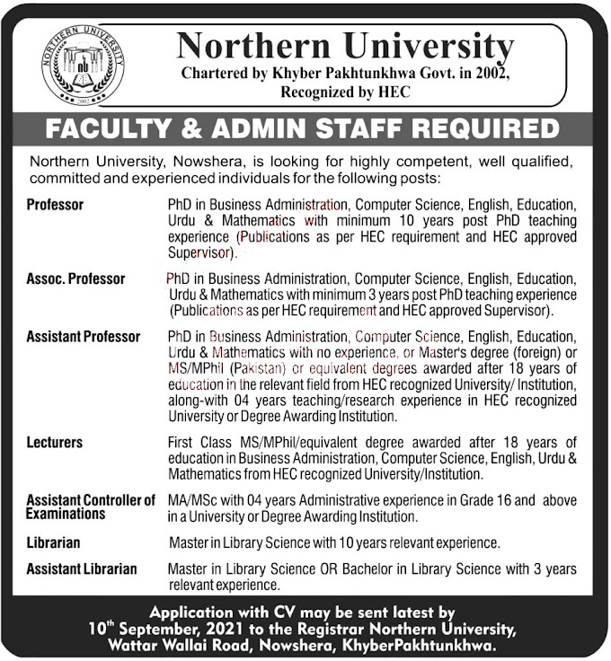  Northern University Nowshera  Today Latest Jobs 2021 | Faculty & Admin Staff Jobs