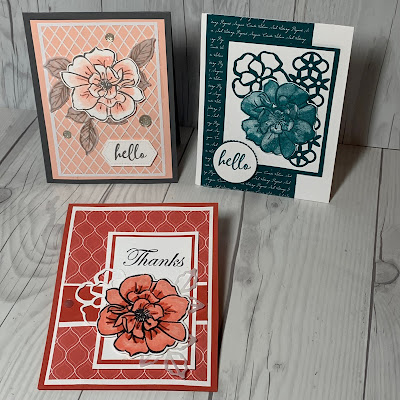 Three sample cards using To A Wild Rose Stamp Set Samples