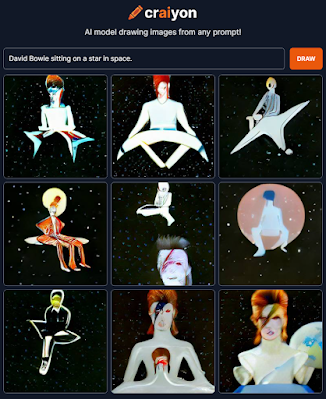 Nine images generated by CrAIyon for "David Bowie sitting on a star in space" Check out 'Jake the Peg' Bowie (Image 4).
