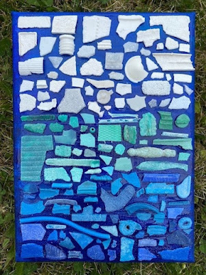 Marine and beach plastic collage in blue and green