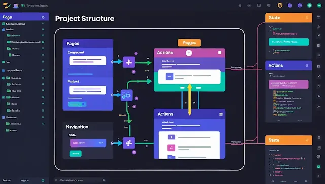 Project structure with pages components actions navigation and state in modern responsive web apps