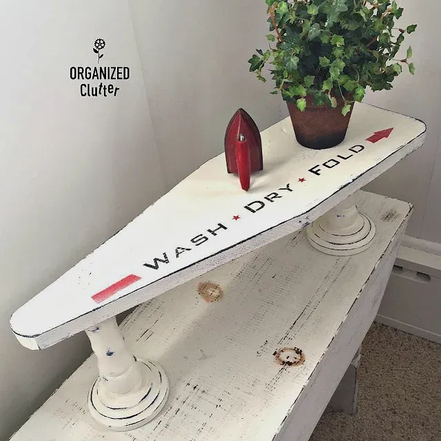 Photo of upcycled sleeve ironing board shelf.