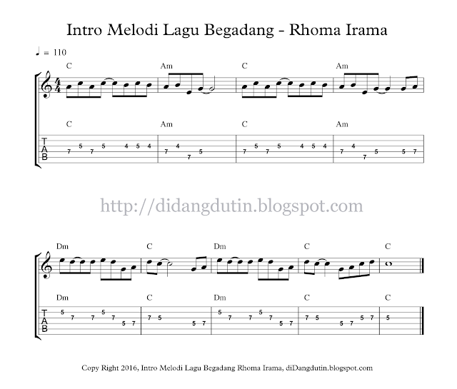 Intro Melodi Tab dan Not Balok Lagu Begadang Rhoma Irama