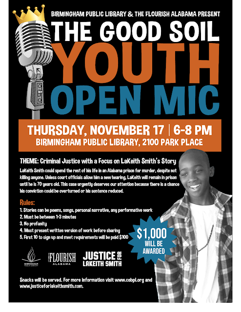 Flyer advertising The Good Soil Youth Open Mic: Justice for LaKeith Smith at the Central Library on Thursday, November 17, from 6:00—8:00 p.m.