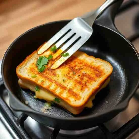 Grilled cheese sandwich being toasted in a pan with melting cheese and fresh herbs inside.