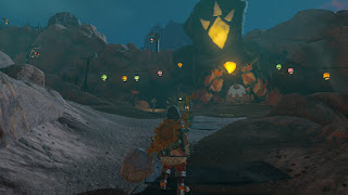 in Goron City at night, with small lights everywhere, Bludo at his house
