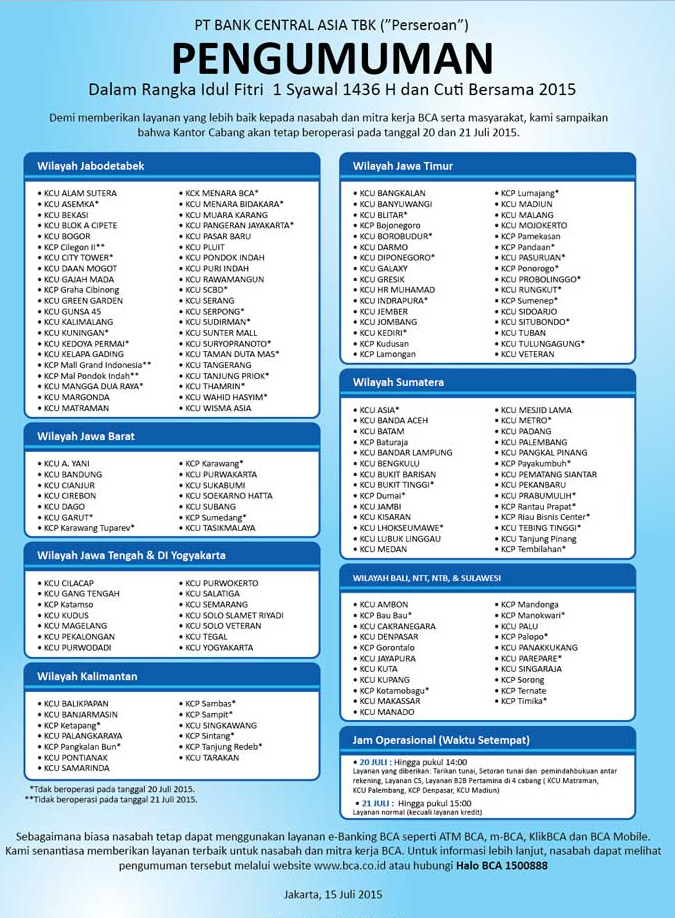 Kalender Operasional Bank Lebaran 2015  Seputar Bisnis 