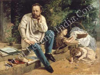 Proudhon remembered, Courbet could never persuade Proudhon to sit for his portrait, so he painted this 'historical portrait' in 1865, after his friend's death. Proudhon is shown as he was in 1853, sitting on the steps of his Paris home, with two of his children playing. 