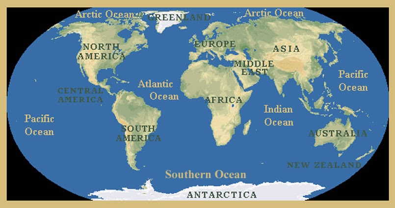 World Physical Map Showing Continents And Oceans