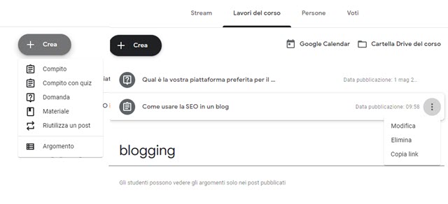 lavori del corso in google classroom con compiti domande