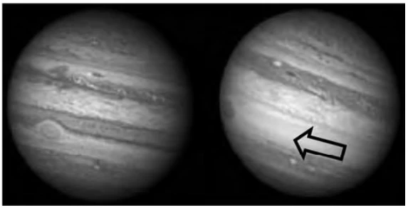 ENEM 2010: Júpiter, conhecido como o gigante gasoso, perdeu uma das suas listras mais proeminentes, deixando o seus hamisfério sul estranhamente vazio. Observe a região em que a faixa sumiu, destacada pela seta.