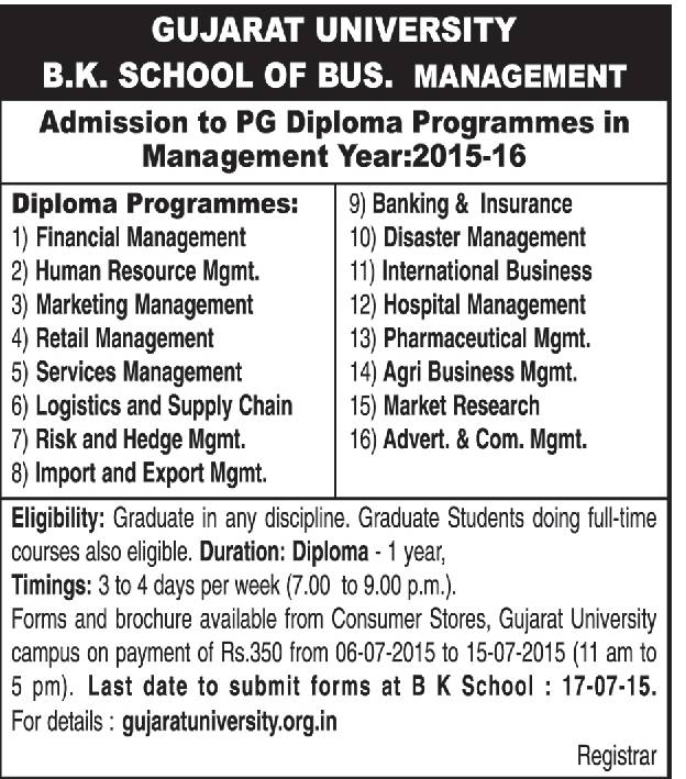 Gujarat University B.K School of BUS. Management Admission 2015-16