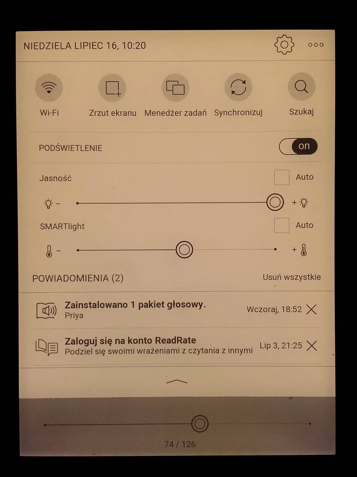 PocketBook InkPad 4 z średnią barwą podświetlenia