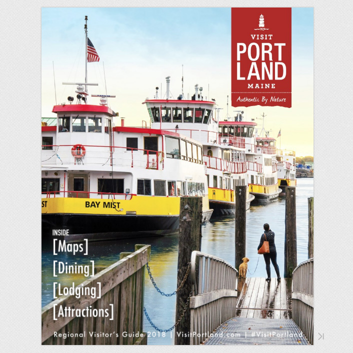 Portland, Maine USA Photo of Casco Bay Lines at State Pier person with dog cover of Visit Portland Visitor's Guide for 2018.