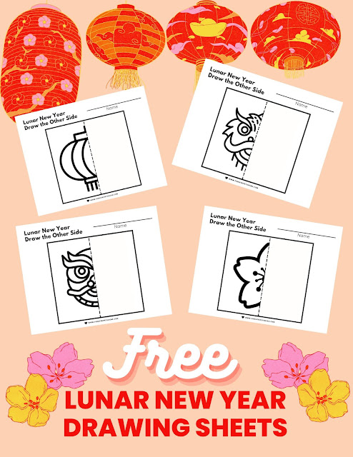 free Lunar Chinese New Year draw the other half symmetry STEM elementary homeschool library printable drawing coloring sheets for kids holiday activities