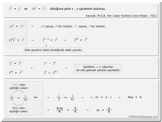 Örnek soru 17 » Üslü denklemler » üsler'in oranlandığı denklemler » (Kaynak: M.E.B. Fen Lisesi Yardımcı Ders Kitabı : 7022).