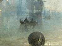 J. M. W. Turner's Keelmen Heaving in Coals by Moonlight painting shows a detail of small boats anchored on the Rive Tyne.