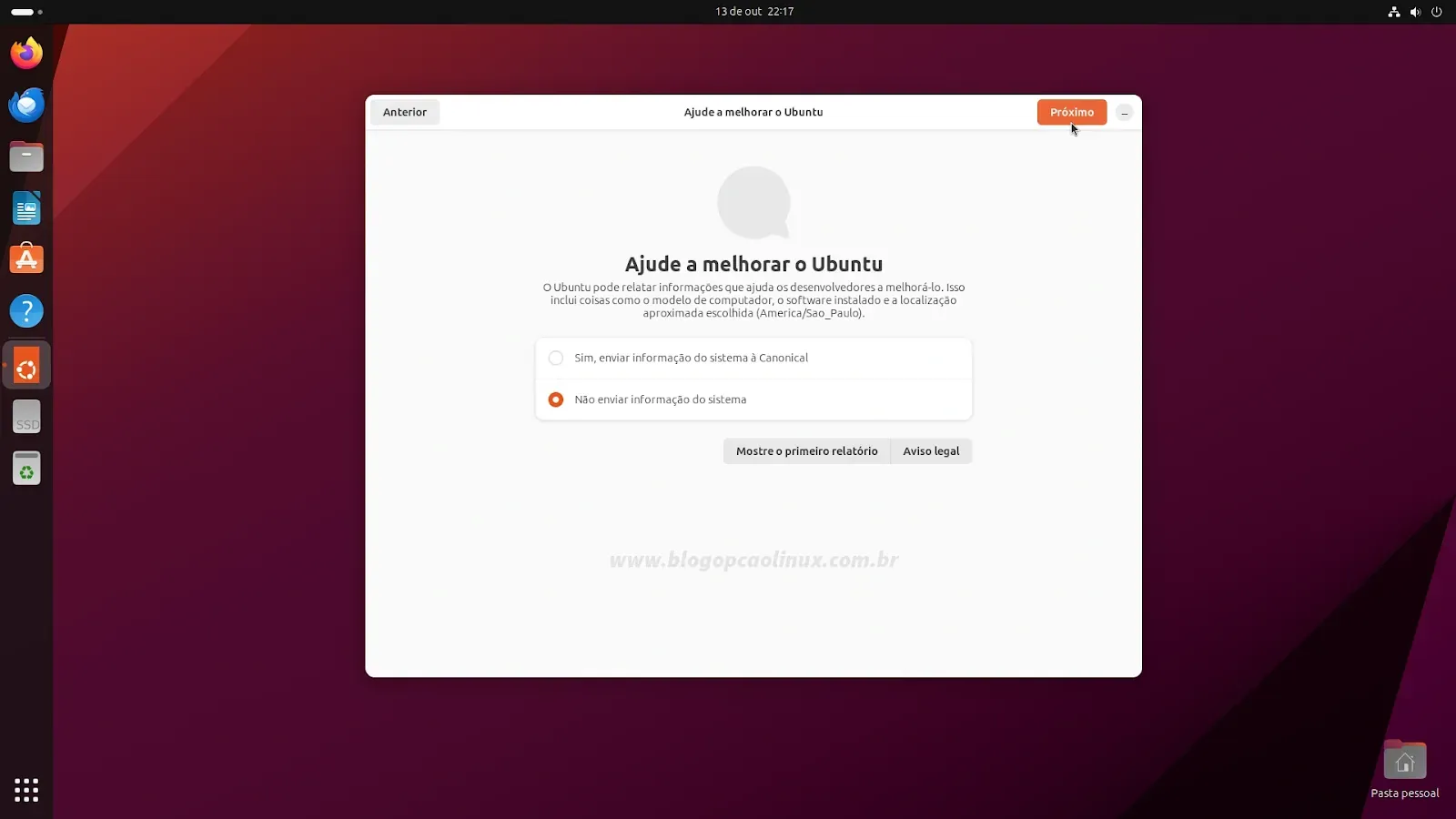 Selecione se deseja ou não enviar um relatório com informações sobre o seu sistema à Canonical