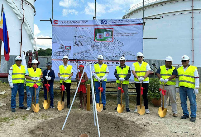 Subic Bay Metropolitan Authority (SBMA) Chairman and Administrator Jonathan D. Tan (fourth from left) and PCSPC Chief Executive Officer Richard Tiansay (fifth from right) lead the groundbreaking for the construction of two new 180,000-barrel-capacity fuel storage tanks at the Maritan Tank Farm in Subic Bay Freeport on Tuesday.