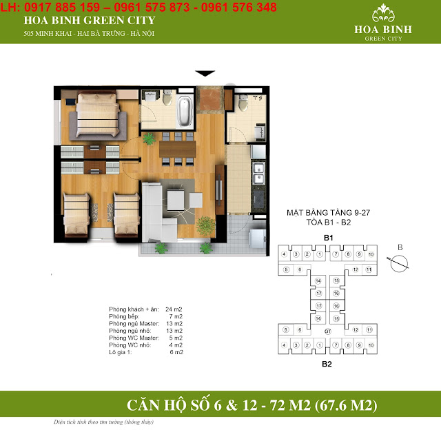 Căn hộ số 6 và 12 - 72m2 hòa bình green city