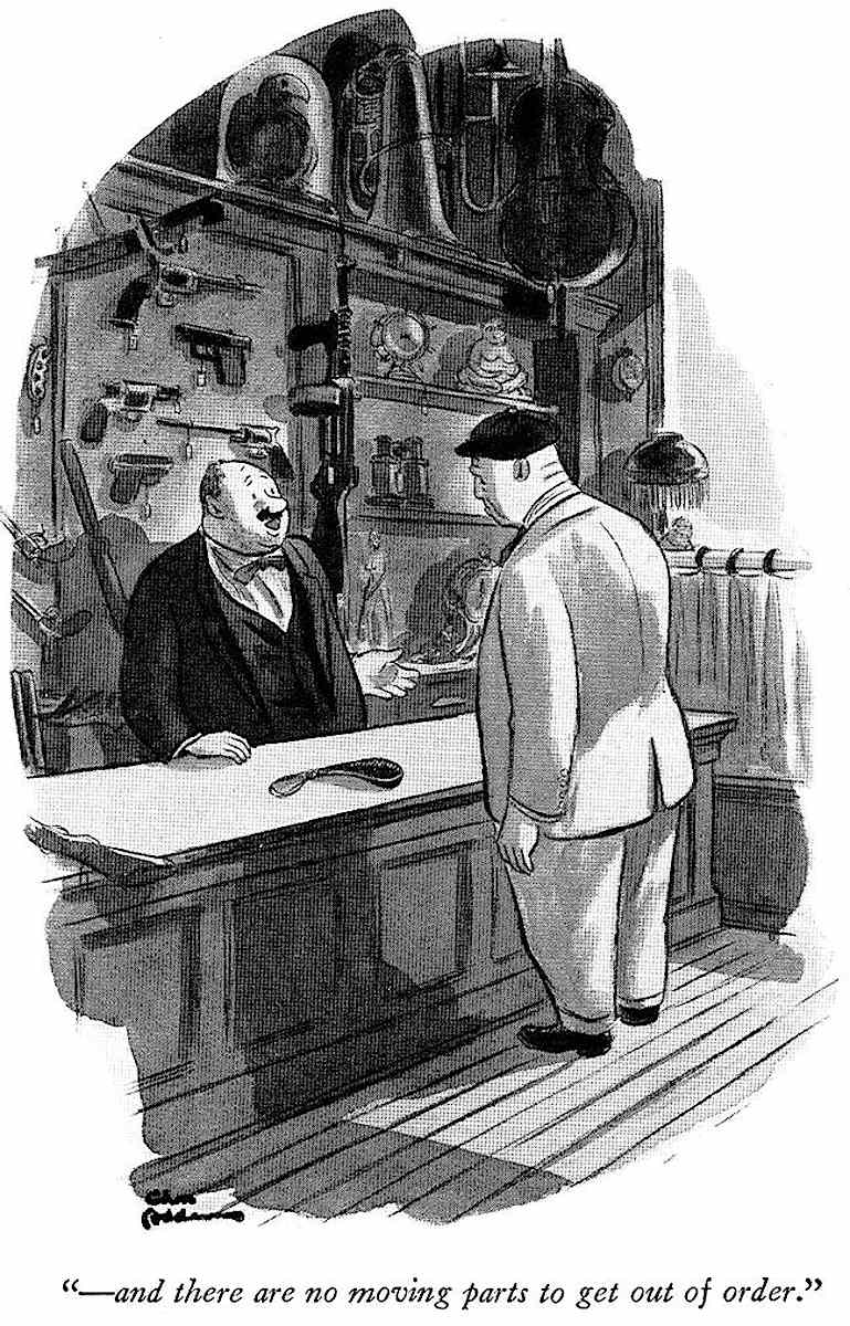 a Charles Addams cartoon  about a criminal choosing a crime accessory, no moving parts