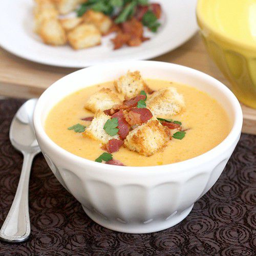 Cheddar Ale Soup with Homemade Croutons
