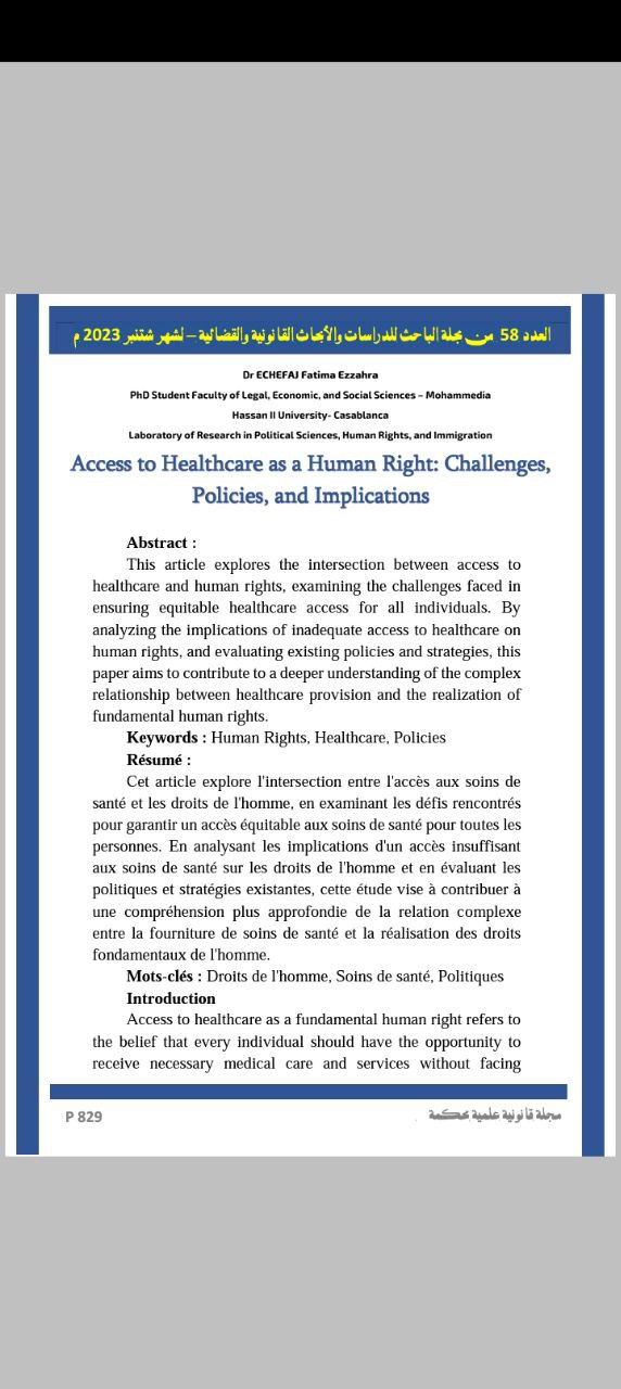 Access to Healthcare as a Human Right: Challenges, Policies, and Implications - Dr ECHEFAJ Fatima Ezzahra - منشورات موقع الباحث - العدد 58 من مجلة الباحث - تقديم ذ محمد القاسمي