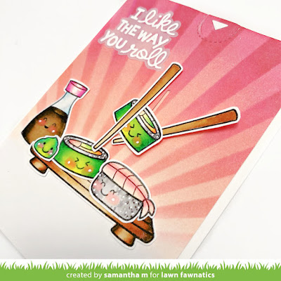 I Like the Way You Roll Card by Samantha Mann for Lawn Fawnatics Challenge, Lawn Fawn, Distress Inks, Birthday Card, Card Making, Interactive, Pull Tab, #lawnfawnatics #lawnfawn #distressinks #sushi #cardmaking #birthdaycard