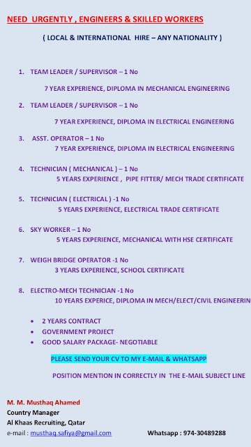 JOB VACANCIES FOR ENGINEERS & SKILLED WORKERS