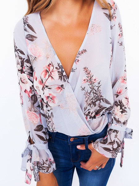  Floral Print V-Neck Cross Front Blouses