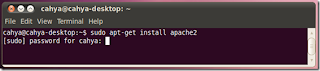 Install APACHE. Apache ini akan berfungsi sebagai web servernya. Untuk Install Apache, ketikan perintah "sudo apt-get install apache2"
