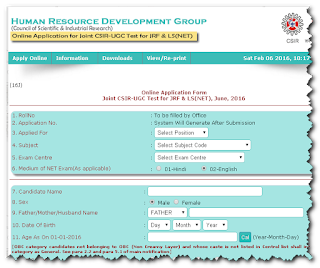 CSIR-UGC NET June 2016 Online Application Form