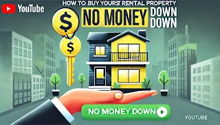 A visually engaging YouTube thumbnail featuring a modern rental property with bold "NO MONEY DOWN" text in bright yellow. A person is holding a key with a dollar sign, symbolizing property ownership without an upfront investment. The background includes a city skyline, with green and blue tones representing financial growth and stability.