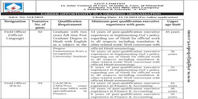 Field Officer CA ICWA CMA Post Graduate Degree Job Opportunities in SJVN