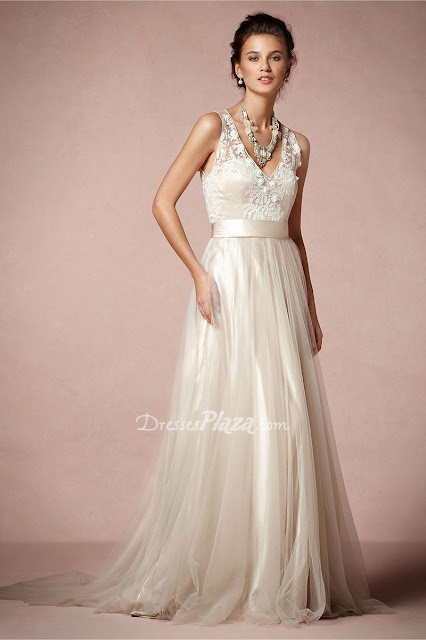 Sleeveless V-neck A-line Floor Length Embroidered Lace Bodice Wedding Dress