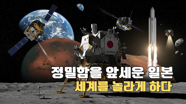 달 표면에 정밀하게 착륙한 일본 SLIM 탐사선과 화성 위성 포보스로 향하는 MMX, 소행성 '류구'에서 샘플을 채취하는 하야부사2의 모습을 조합한 이미지. 일본의 첨단 정밀 우주 기술과 탐사 성과를 상징합니다.