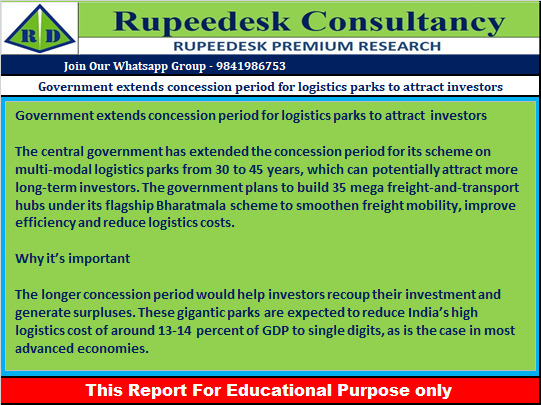 Government extends concession period for logistics parks to attract investors - Rupeedesk Reports - 22.06.2022