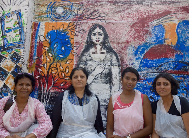 The job is done...Artists in front of the wall panel they painted at The Art Walk 360, (L to R) Milburn Cherian, Chitra Vaidya, Sumana Nath De, Ami Patel