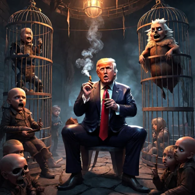Donald Trump sitting in a room with a bunch of cages smoking a cigar