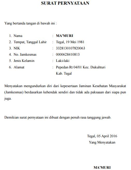 Contoh Surat Pernyataan Pengunduran Diri Dari Bpjs Kesehatan Masyarakat Singkat